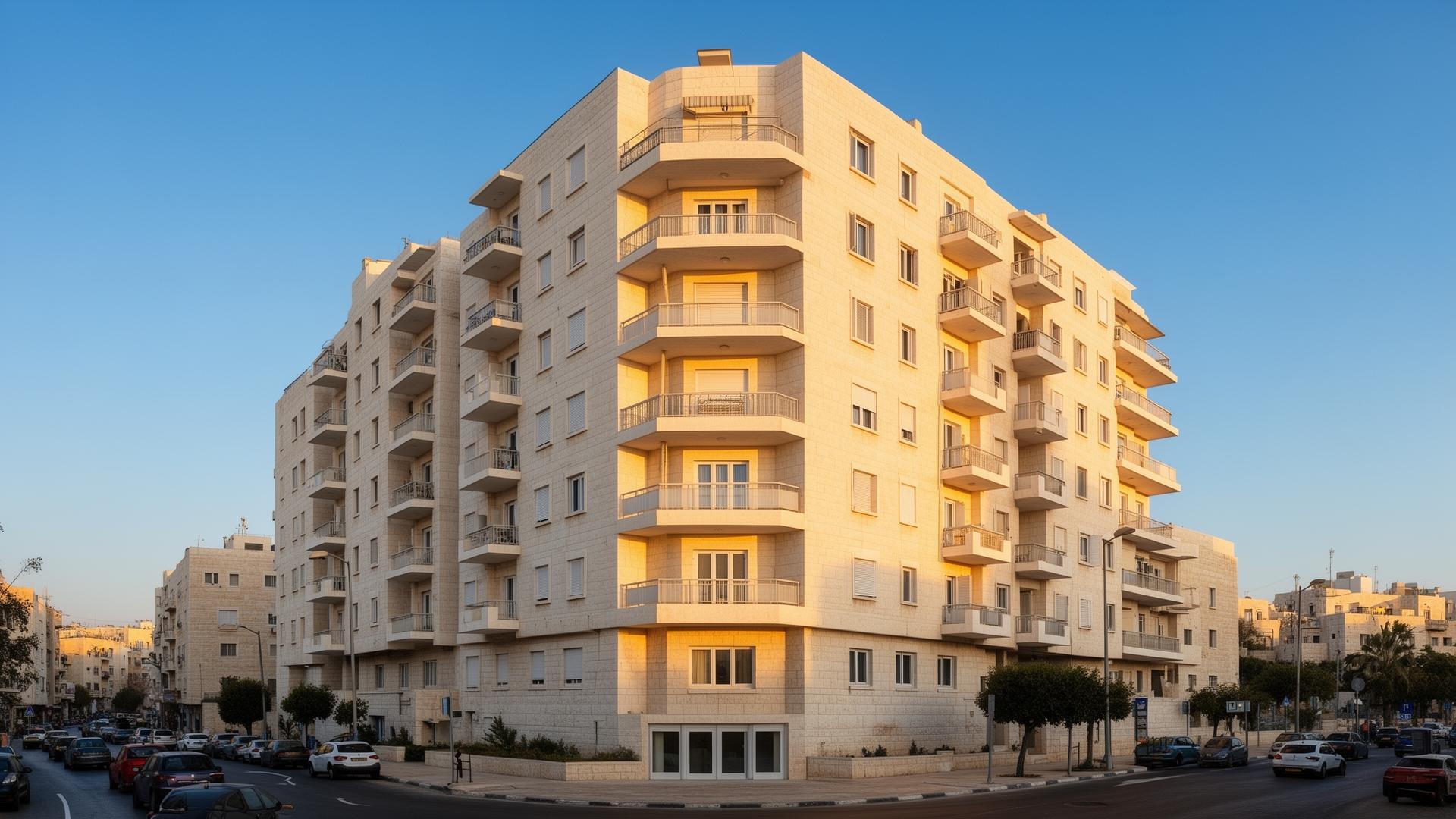 בניין מגורים בעיר ישראלית, חזית בהירה ומרפסות